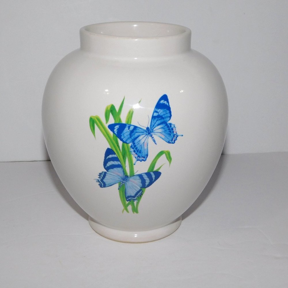 Vintage 6" White with Blue Butterflies Ceramic Flower Vase Butterfly FTD Florist